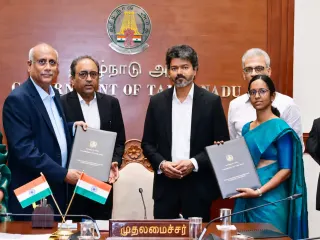 L&T Chairman SN Subrahmanyan and Tamil Nadu CM C Joseph Vijay at MoU signing ceremony in Chennai